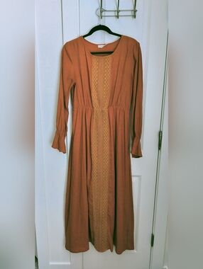 Roolee Rust Long-Sleeve Maxi Dress with Lace Front Panel